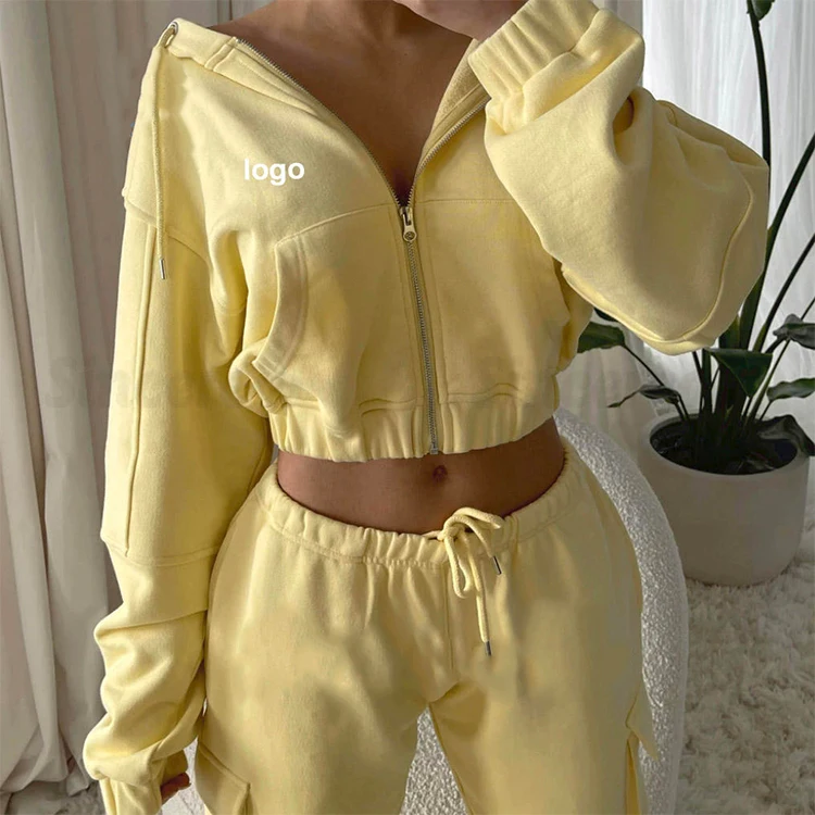 L230716 Custom Embroidery Oversized Zip up Crop Top Hoodie and Jogger Set Two Pieces Hip Hop Women Tracksuit Jacket Hoodie Set