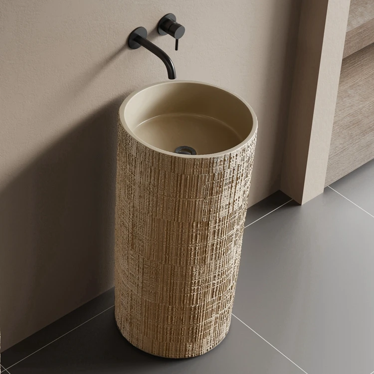 Wabi Sabi Style White Wood Grain Pattern Bathroom Pedestal Sink Artificial Stone Wash Basin Free Standing Bathroom Sink