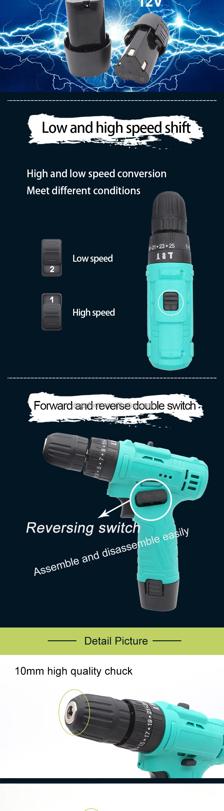 JSPERFECT Habo 12v Cordless Mini Drill Electric Drill Impact