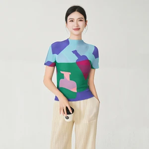 Miyake Pleated Tops Ladies Fashion Tops High Quality Summer Stretch Pleated Printed Tops Casual T-shirts