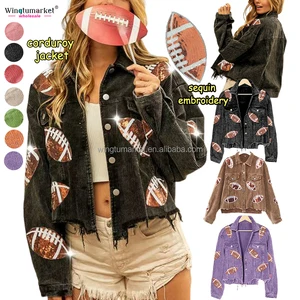 Wholesale Sequin Corduroy Jacket Woman Vintage Wash Fringe Shacket Glitter Football Embroidery Patch Jackets for Women