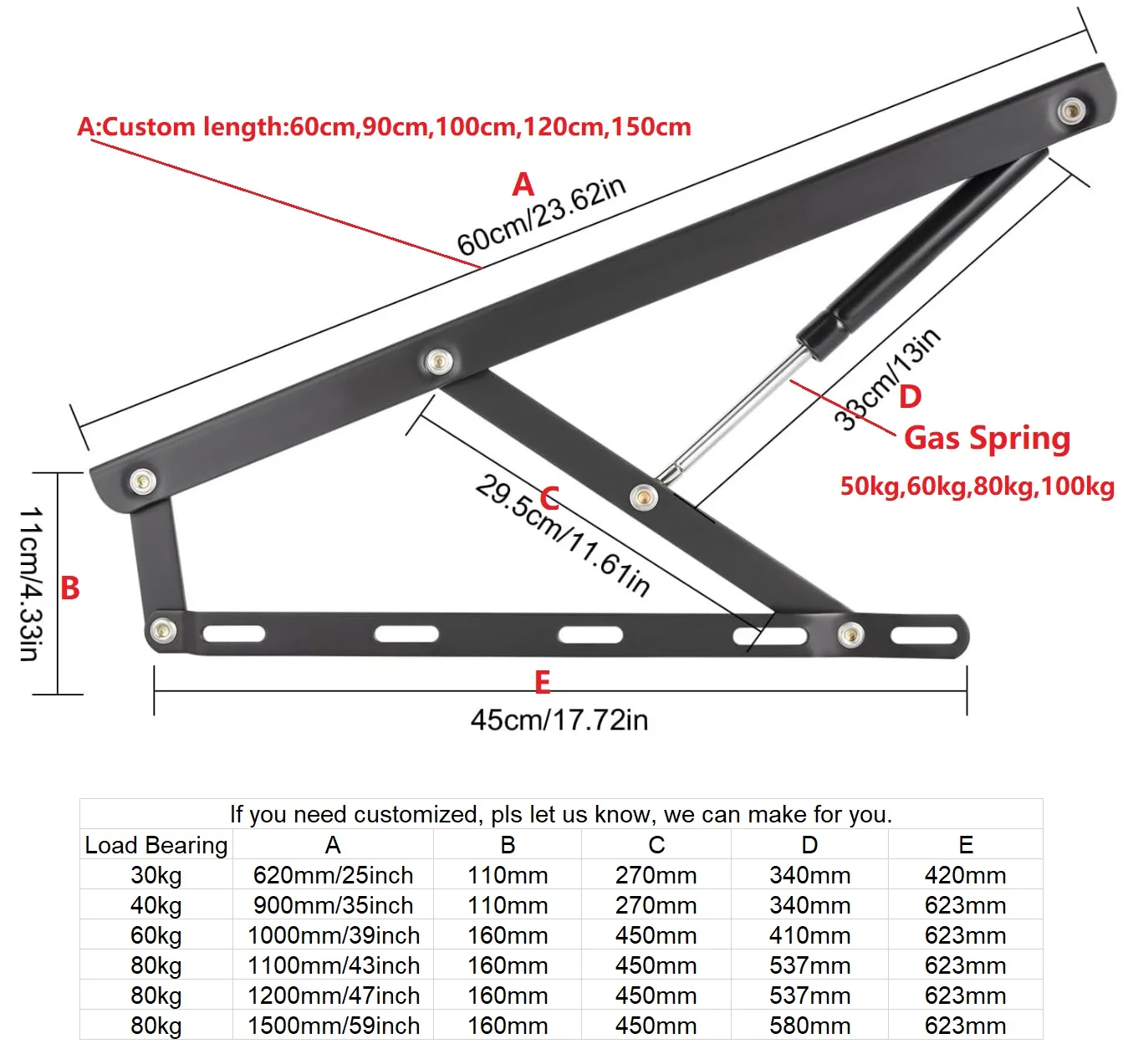 Customize 600mm Bed Lift Mechanism Gas Spring Strut Support Hinge Bed Sofa Storage Space Saving 1