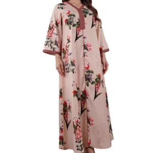 New Wholesale Middle East Women Abaya Muslim Robe Floral Print Long Sleeve Casual Dress