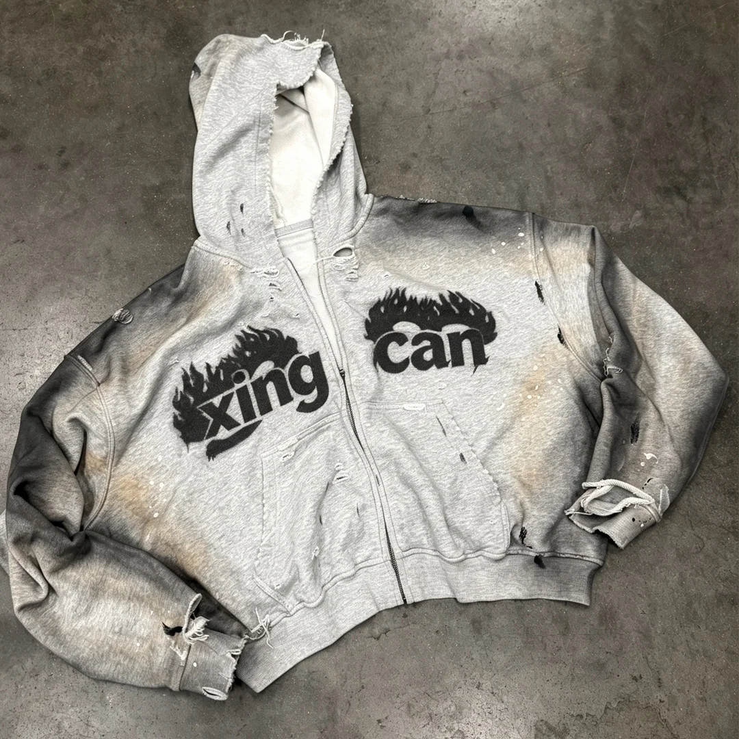 Hoodie z efektem kwasowego wybielania i uszkodzeniami, z rozdartymi detalami oraz zameczkiem, do sprzedaży hurtowej, możliwość niestandardowego nadruku sitodrukowego i dodatkowego niszczenia, producent strojów ulicznych