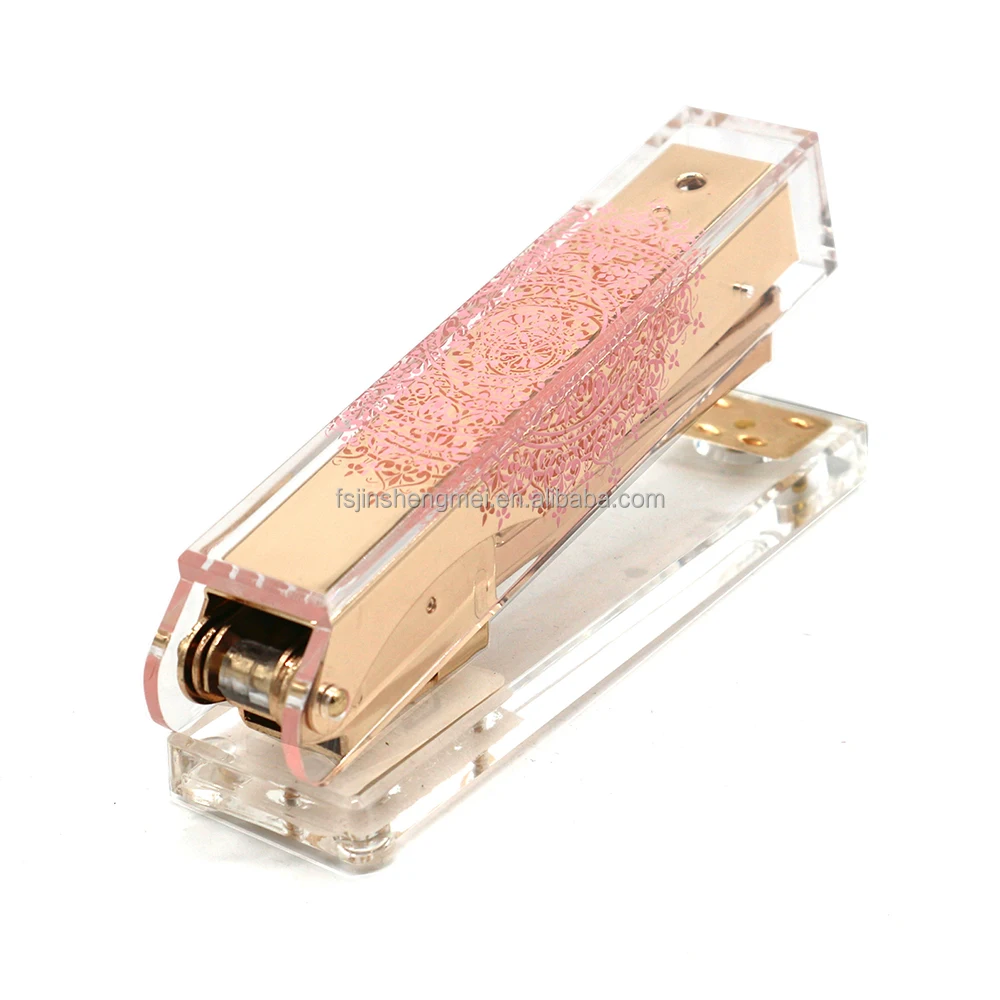 Поставки с фабрики в Китае 24/6 прозрачный степлер аксессуары для рабочего стола розовое кружево печатный узор Золотая полная полоска сделанный вручную металл
