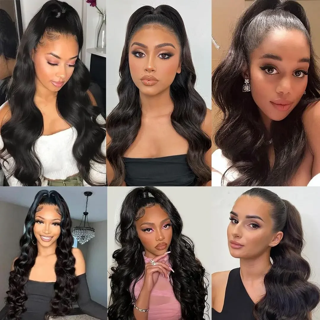 Kropsbølget ægte hår hestehale krøllet 100% ægte hår Remy naturlige sorte extensions 26 tommer_voghion.com