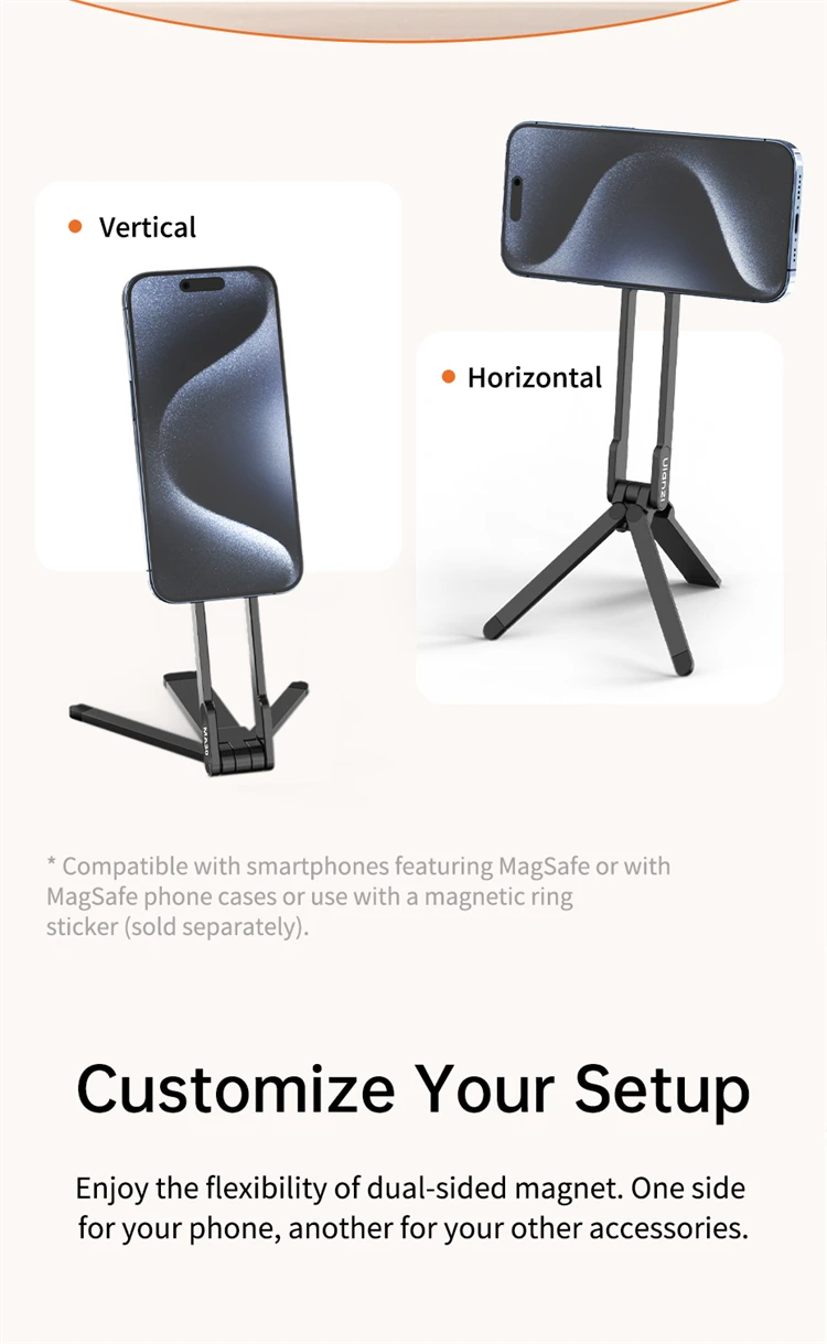 乌兰齐MA30登山扣安装手机三脚架适用于iPhone 15 14 13 12 Pro/Pro Max双面磁铁三脚架桌面安装手机手柄