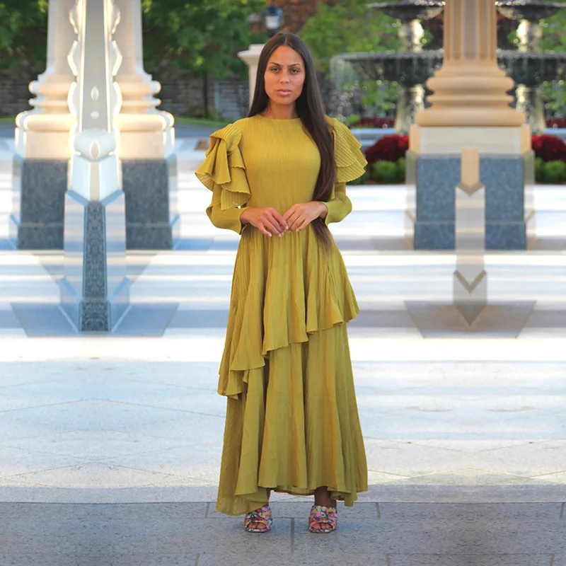 2025 Spring Fashionable Large Size Pleated Dress Elegant Unique Design With Lotus Sleeves for Women Casual Dresses for Adults
