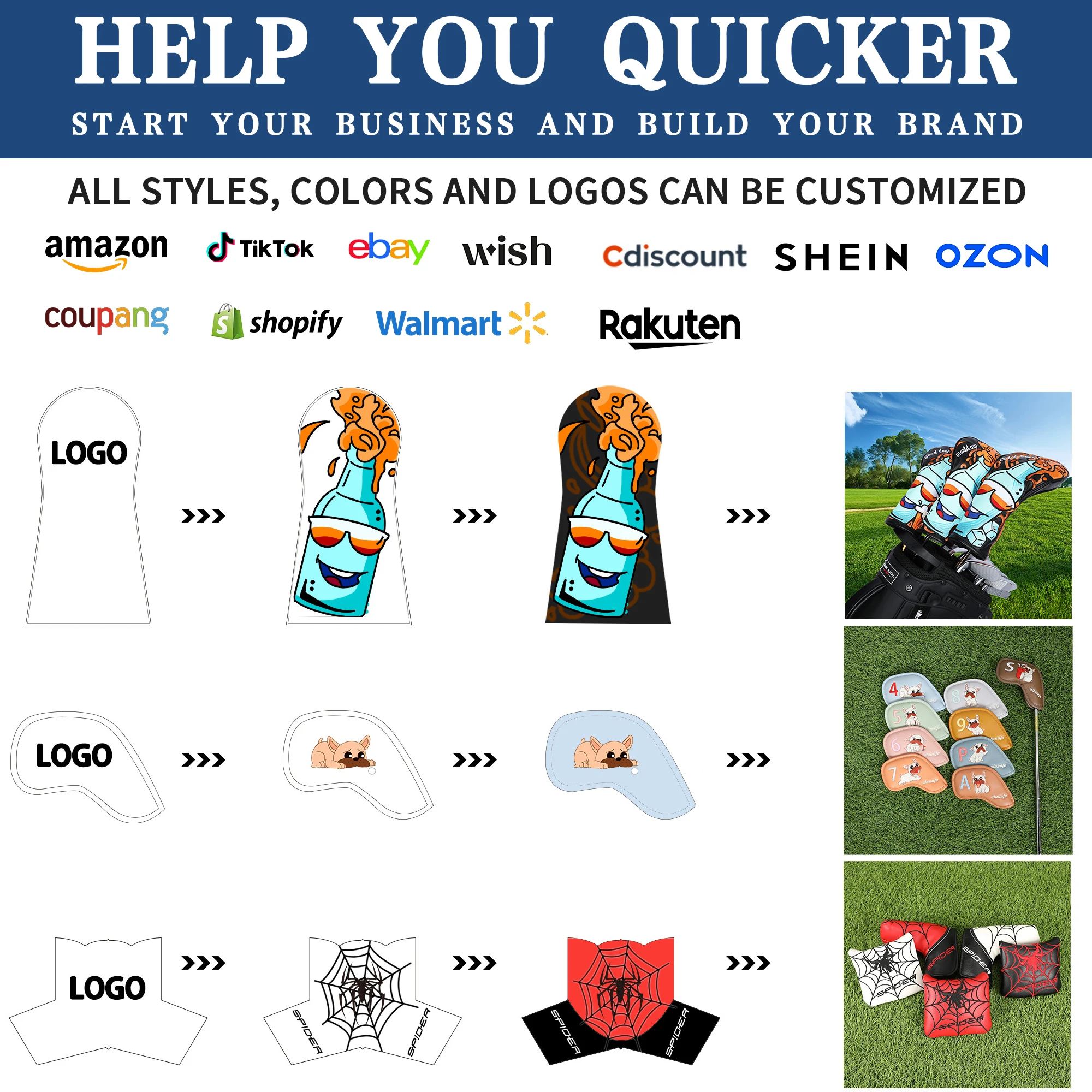 New Design High Quality Black Brown Cartoon Poker Embroidery Wear-resistant Portable 9 Pcs/set Iron PU Leather Golf Headcovers