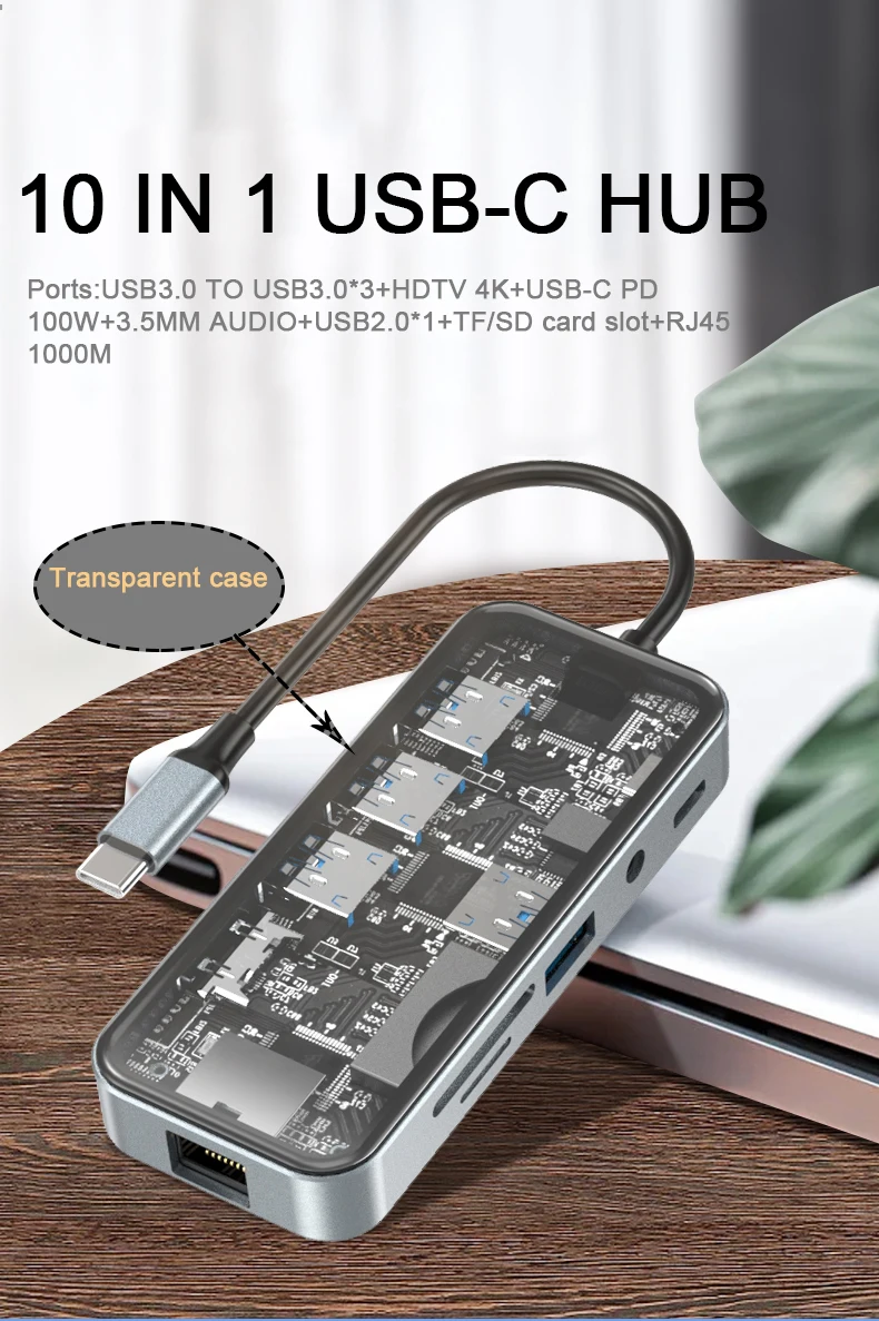 Transparent PD100W Type-c Hub 10 in Usb c Hub with Hdtv