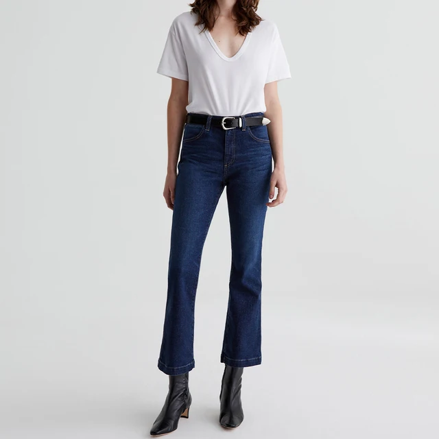 OEM High Rise Cropped Bootcut Jeans Women Vintage Breathable Recycled Stretch Denim Dark Wash Stylish Tassel Embroidery Rivet