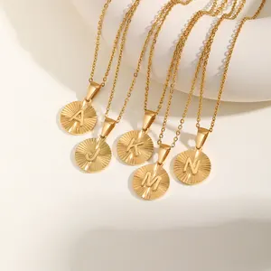 Minimalist Waterproof Stainless Steel Necklace 26 English Letter Women Non Tarnish Round Pendant Necklace