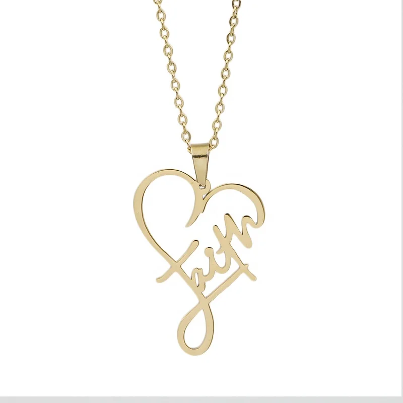 Religious Faith Heart Necklace Women Men Stainless Steel Gold Plated Christian Inspirational
