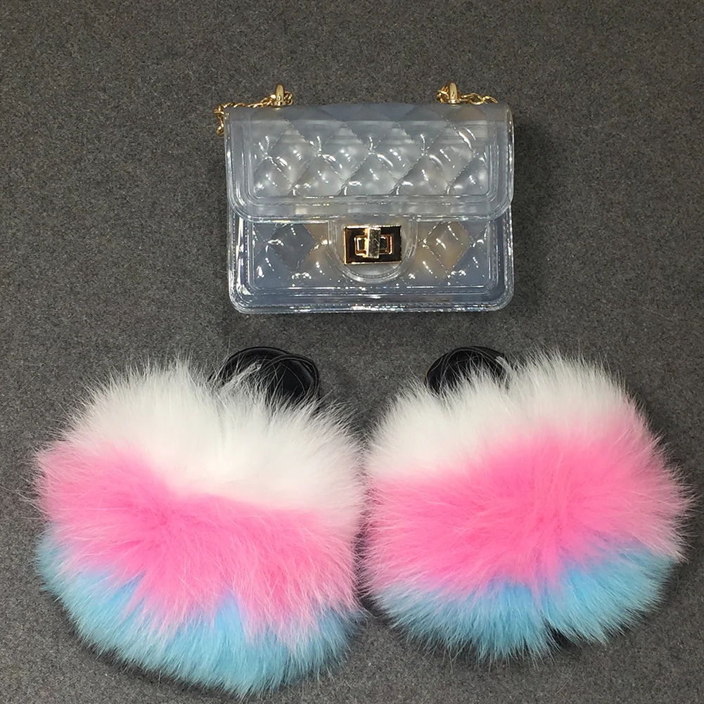 Красочные модные детские тапочки из натурального Лисьего меха, Набор сумок из желе и меха енота, кошельки, сумочки, детские меховые сланцы, оптовая продажа