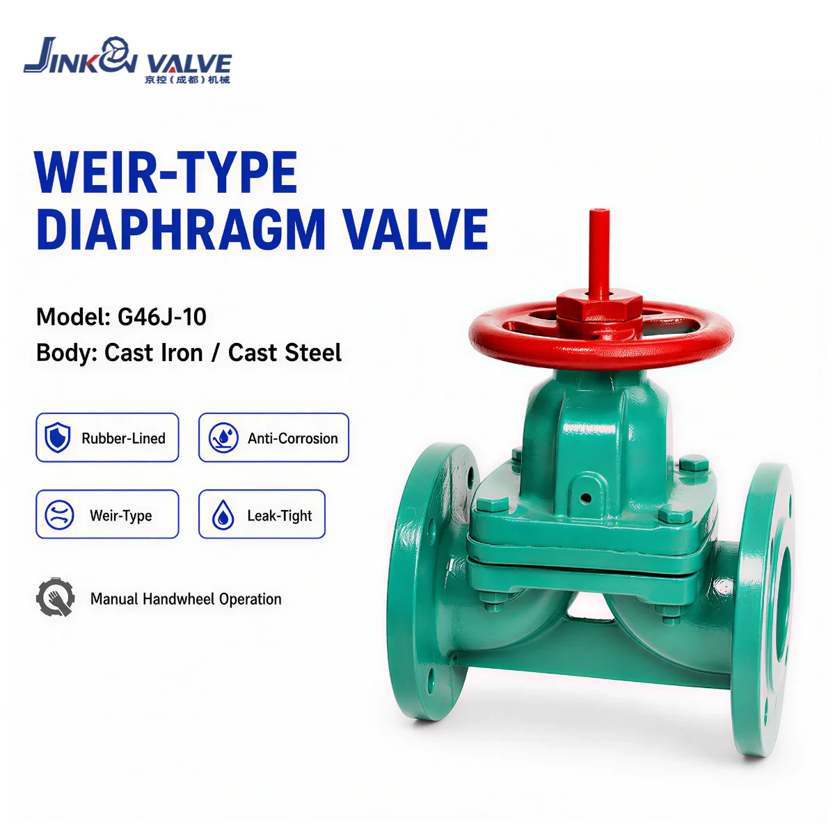JINKON VALVE Diaphragm Valve G41J-10/G41J-16 Manual Rubber Lined for Type Cast Iron Flange for Corrosive Chemical Media 1 Year