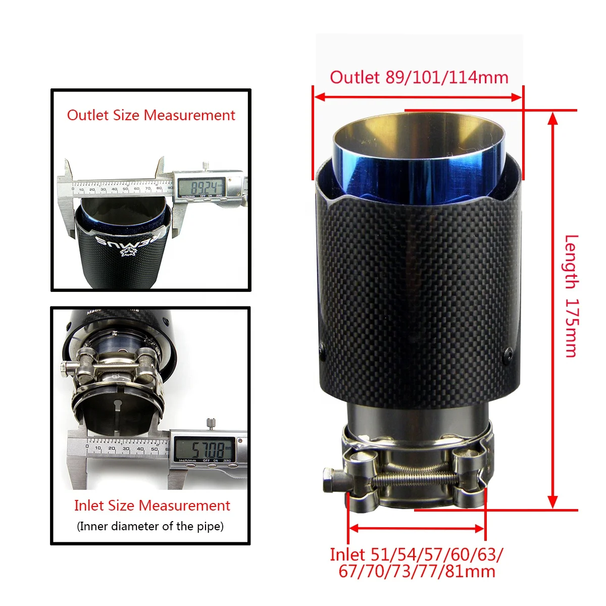 Car Universal Customized Logo Straight Edge Blue Pipe Glossy Black Carbon Fiber REMUS Exhaust Tips Muffler Tip