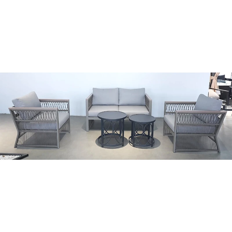 product modern gray woven rattan style outdoor lounge set 2 seater sofa 2 armchairs  2 metal accent tables perfect for patio-3