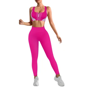 Women's Yoga Two Piece Sets: Hot Pink Sports Fitness Zipper Crisscross-Strap Bra and Tight High Waist Pants
