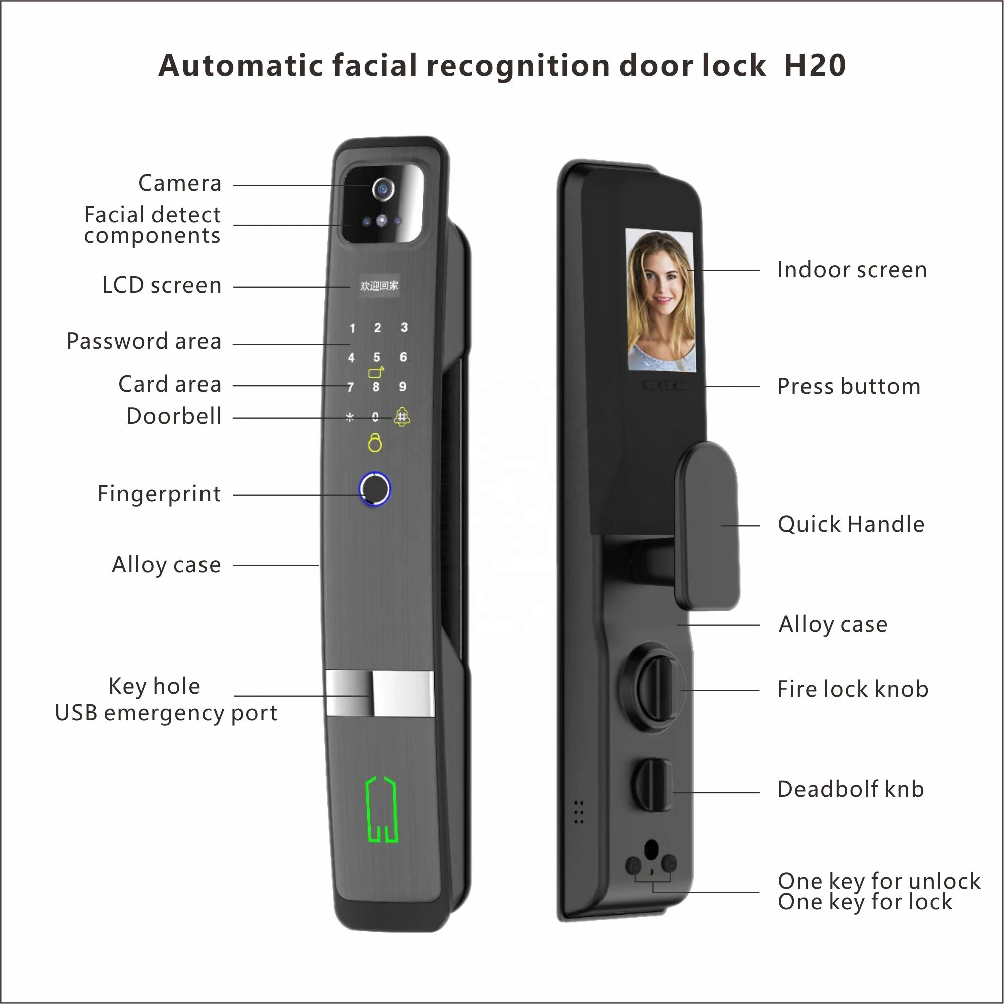 Hr20 3D Facial Recognition  Automatic Tuya App Smart Door Lock with Camera with Anti Pry Functions