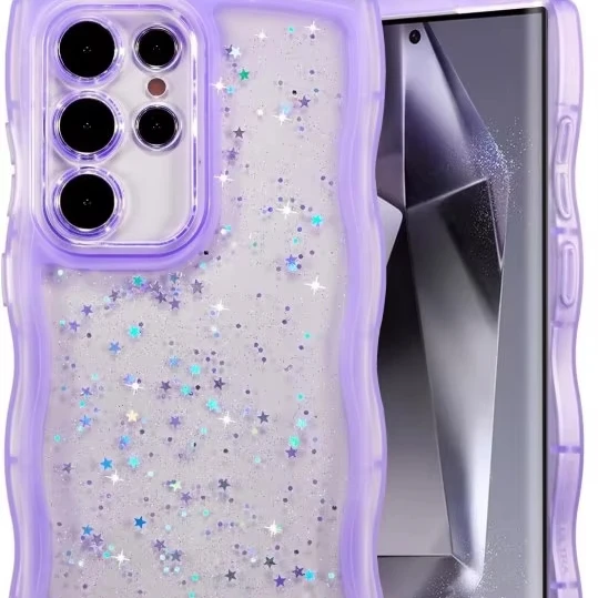 Wavy Soft Case For Samsung Galaxy S24 S23 S22 Ultra Case Cute Curly Wave Cover with Shiny Star Glitter