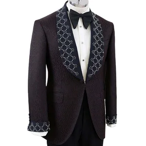 High Quality Men's Single Breasted V-neck Jacquard Blazer Tuxedo Suit Slim Fitted Beaded Plus Size Breathable Woolen Zipper Fly