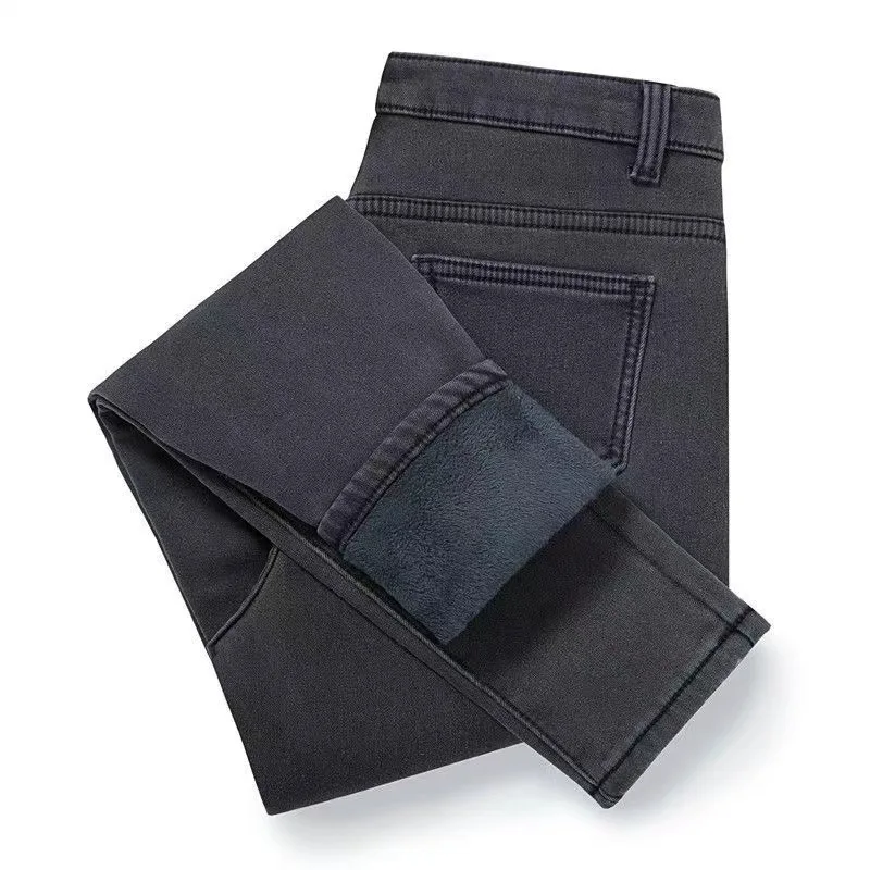Autumn Winter High Waist Denim Pencil Pants Women Fleece Lined Thickened Stretchy Skinny Fit Quick Dry Outer Wear Warm