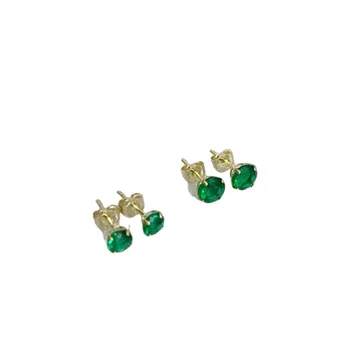 14K Solid Gold Emerald Stud Earrings, 4mm/5mm