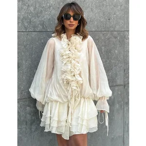 Factory Wholesale Designer Fashion Mini Dress Women Spring Autumn Cascading Ruffles 3D Flower Appliques Long Sleeve Casual Party