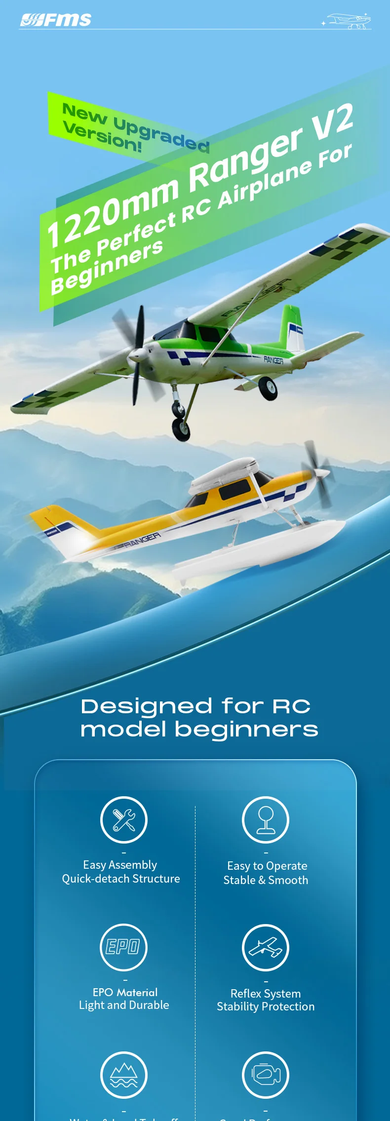 FMS Ranger EP V2 Trainer Plane 1220mm - Dual Mode Takeoff, EPO Foam ...
