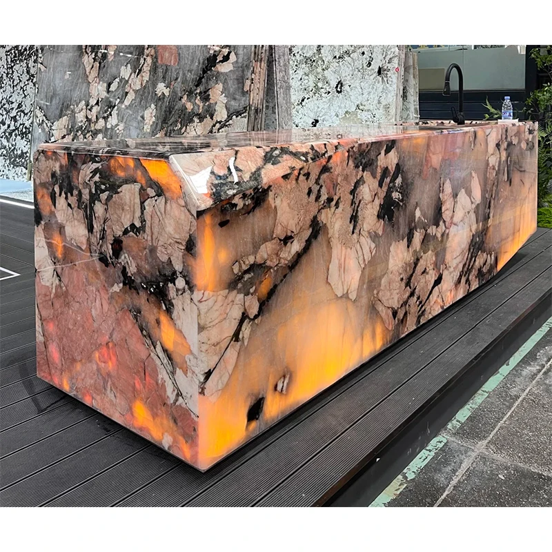 Modern Polished Natural Pink Patagonia Marble Translucent Stone Kitchen Island Countertop for Villa Indoor Use