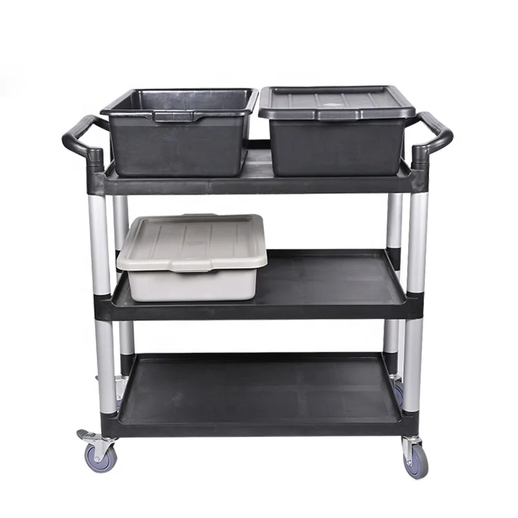 32" x 16" 3-Shelves Bussing Cart Food Trolley, Polypropylene, Black