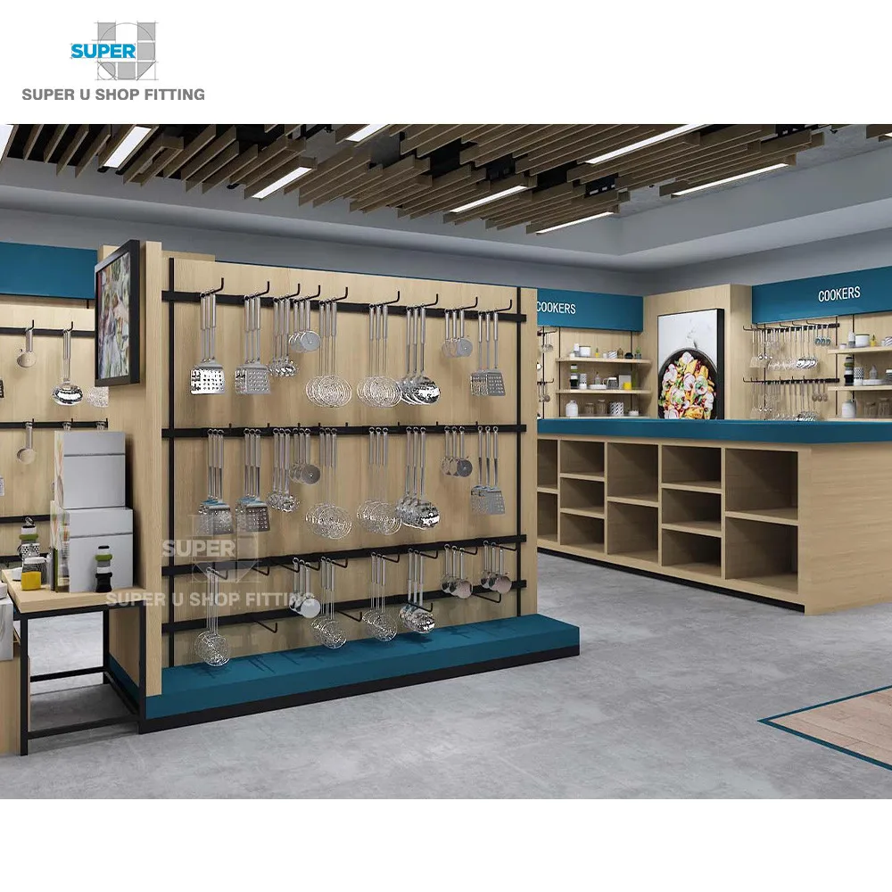 Modern Custom Wood Cookware Department Store Fixtures Hot Fashion Unique Housewares Shop Interior Design for Kitchenware