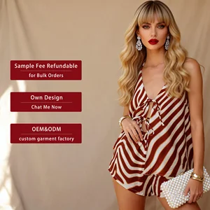 Ready Made Clothing Fast Shipping Stripe Halter Neck Casual Holiday Sleeveless Sexy Women Two Piece Sets
