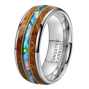 Coolstyle Jewelry 8mm Whisky Wood Guitar String Shell Inlay Tungsten Ring for Men Women Fashion Engagement Wedding Band
