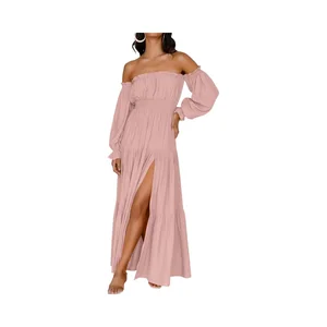 2025 Women's Boho Sexy Chiffon Maxi Dress Long Sleeve Shoulder Smocking High Waist Side Split Flowy Tiered Lines Solid Color
