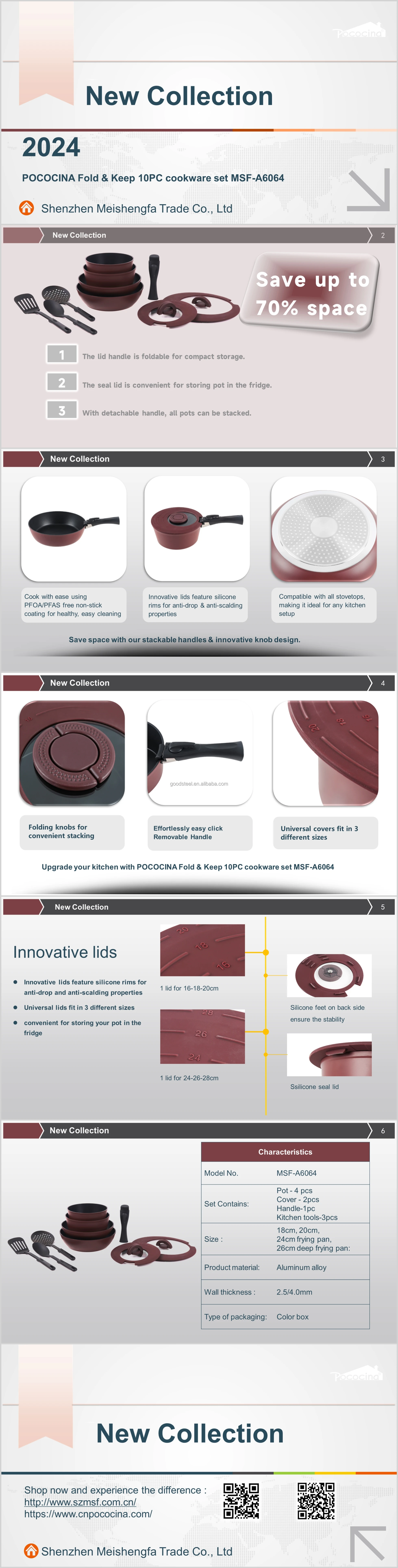 Pococina Msfa6064 10pc Fold & Keep Nonstick Cookware Set Removable