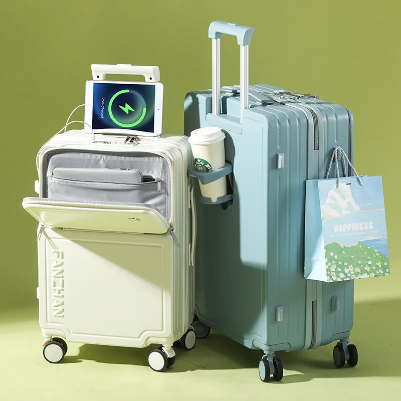 Multifunctional Travel Suitcase with Front Open USB Charging Cup Holders and Side Hook Boarding Luggage