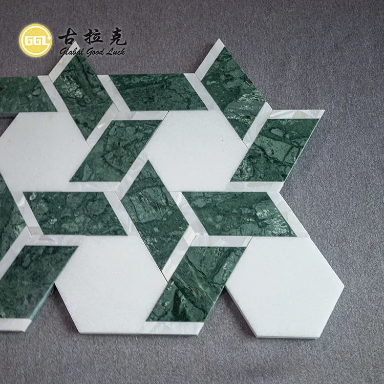 Polished Green White Marble Mosaic Mix Shell Tile Water Jet Stone Irregular Shape Mosaic Tile for Wall Floor Decor