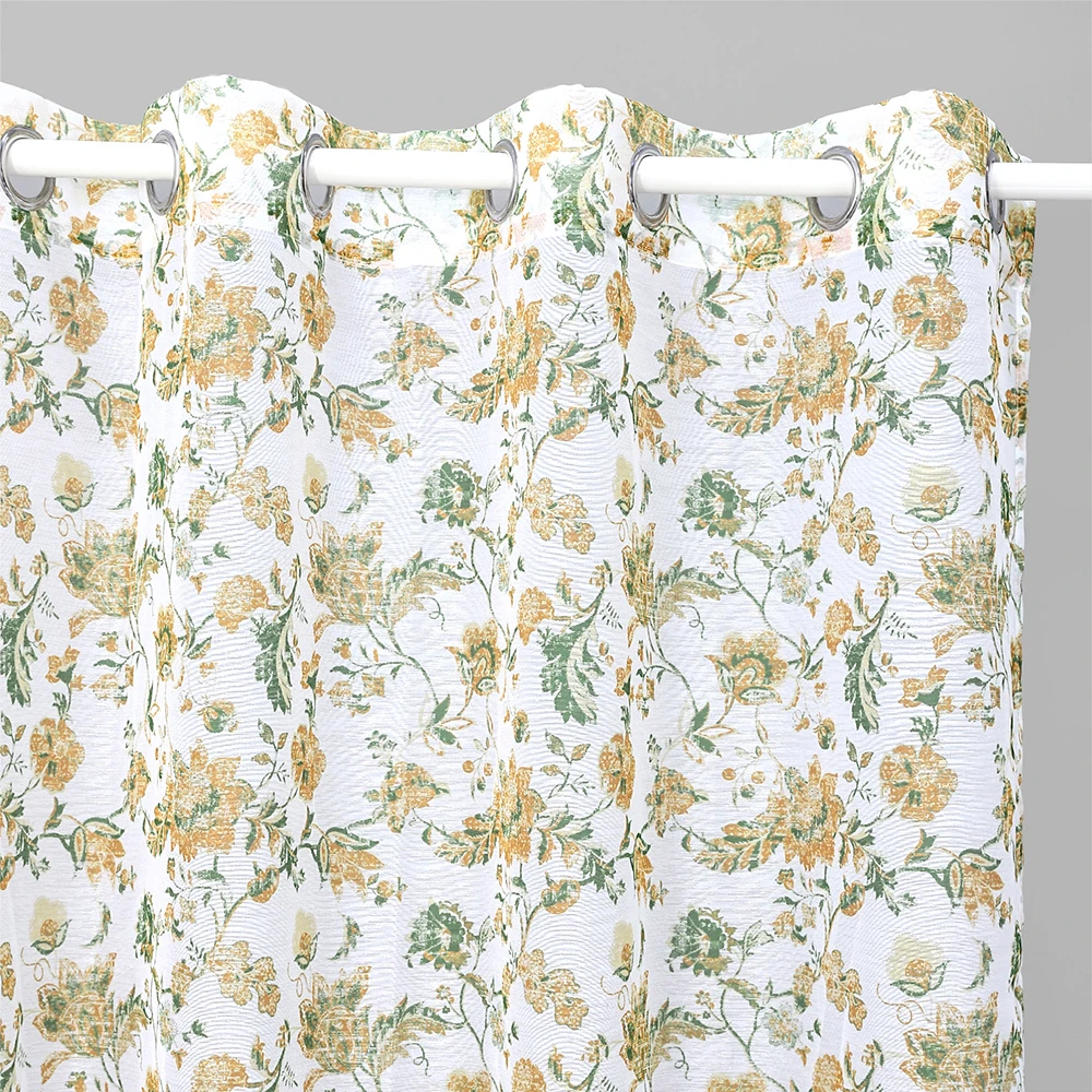 Voile Printed Sheer Curtains European Abstract Style Blue and Green Leaves Print 2 Panels Pair for Home Window Decoration