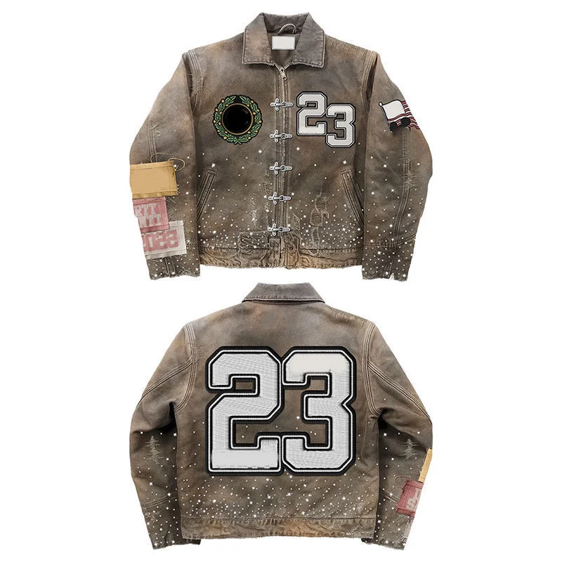 OEM Custom Patch Embroidery logo Men's Distressed Ripped Denim Thick Cotton Twill Canvas Jacket Men Customizable Vintage Wash gallery 3