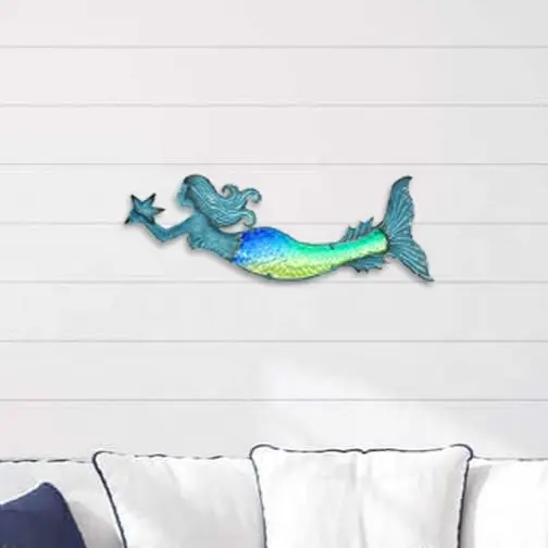 Hand Painted Room Glass Mermaid Wall Art Mermaid Metal Hanging Wall Art