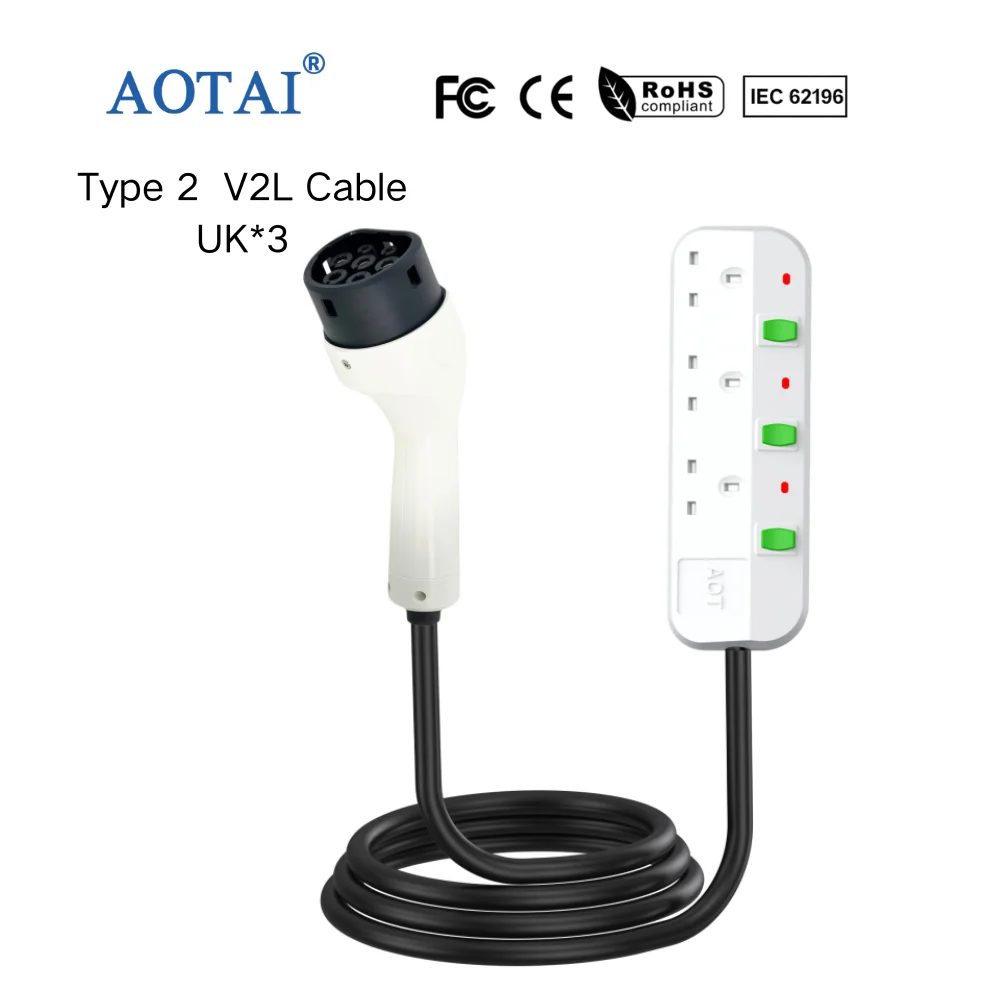 Kabel AOTAI typu 2 do brytyjskiego gniazda 3-gangowego, wersja V2L, nowy adapter do ładowania pojazdów elektrycznych dla BYD, MG, XPENG, Geely, AION, JAECOO, iCAR – przeznaczony do użytku na zewnątrz