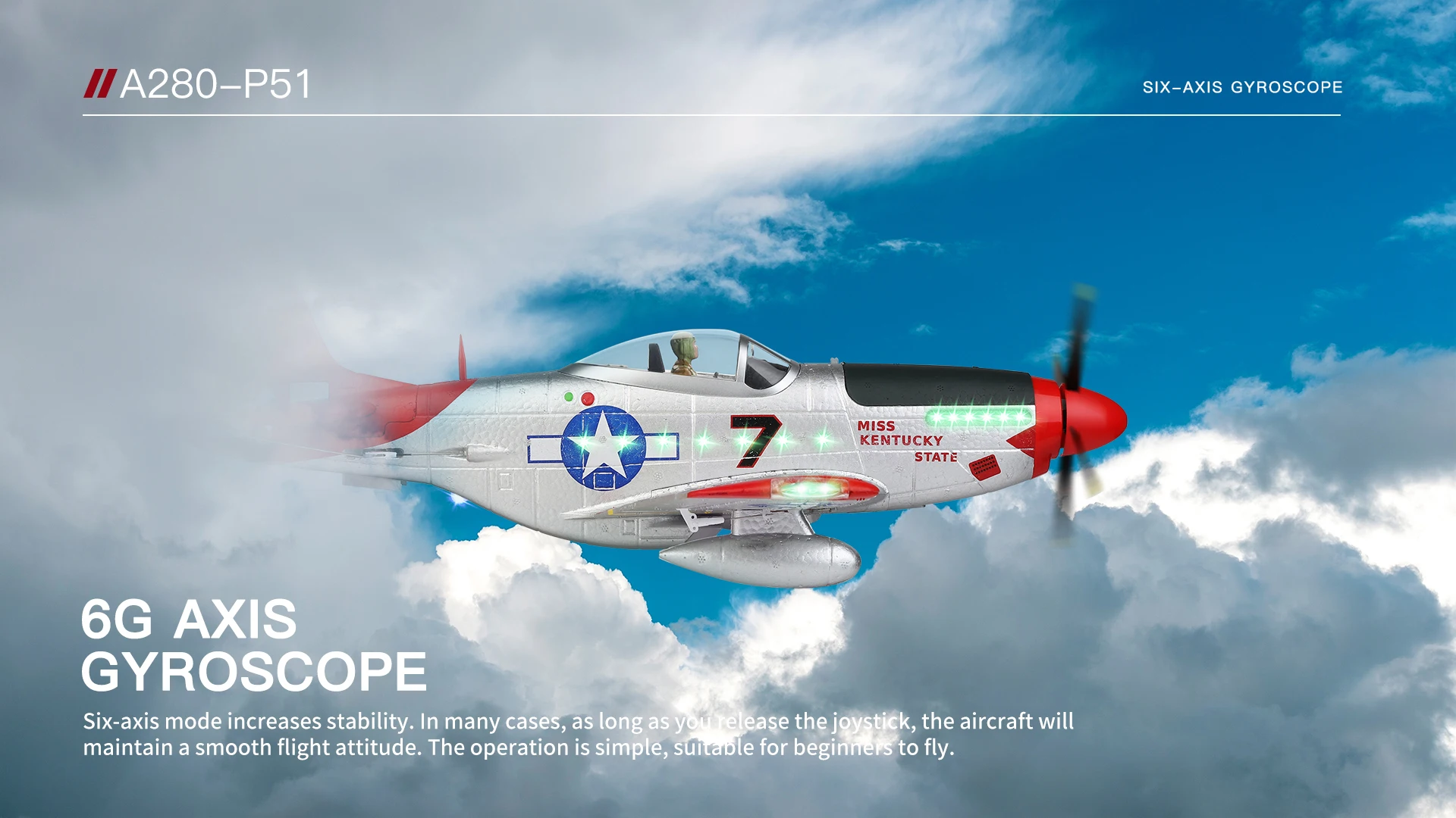 HOSHI WLtoys A280 RC Airplane P51 Fighter Simulator 2.4G 3D6G Mode Glider Fixed Wing with LED Light Radio Control Toys