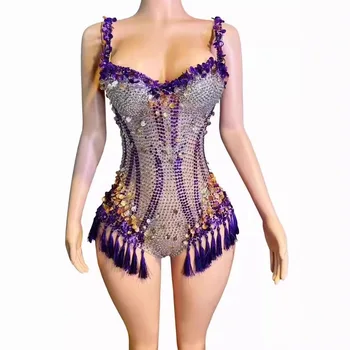 Luxury Full Rhinestones Sequin Bodycon Bodysuit Women Sexy  Wear