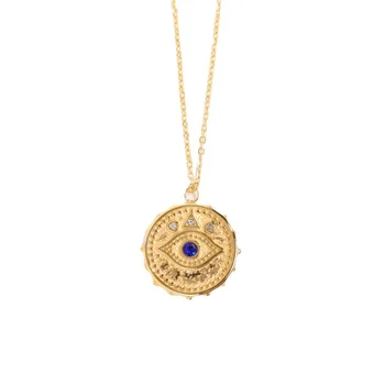 fashion round pendant jewelry gold plated stainless steel blue diamond demon eye necklace