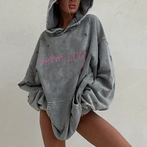 Wholesale Custom Logo Women Acid Wash Ripped Hoodies High Quality Long Sleeve Cotton Acid Washed Hoodie
