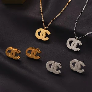 Factory Wholesale Women's Designer Trendy Stainless Steel Jewelry Set 18K Gold Plated Necklace Earrings Party Waterproof PVD