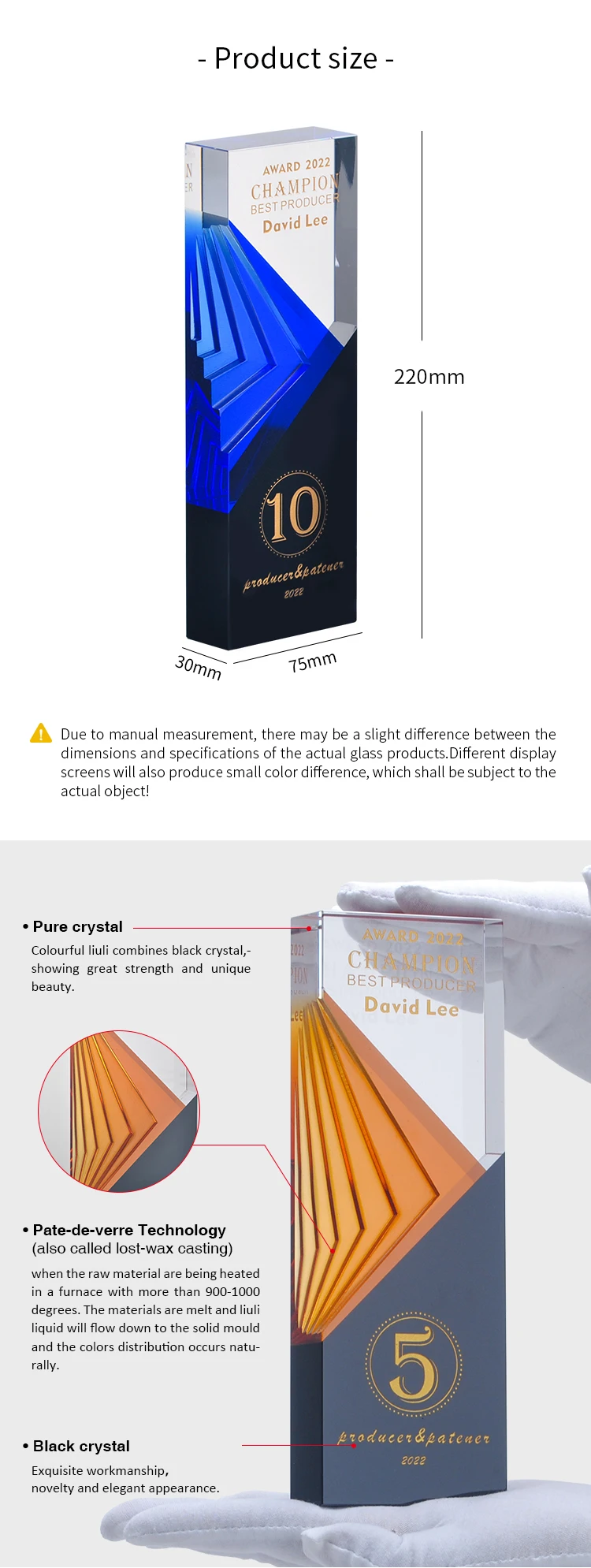 Factory Wholesale Custom Design Crystal Trophy Award for Business Gift