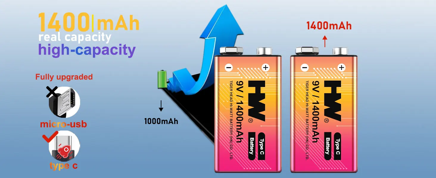 4 pack 9v usb c li ion rechargeable batteries 1400mah 1600 cycles-4