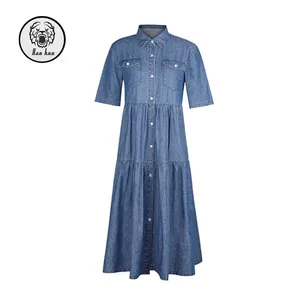 Wholesale Clothing Womens Summer Short Sleeve Button Down Long Denim Dress Casual Loose Fit Maxi Shirt Dress with Pockets